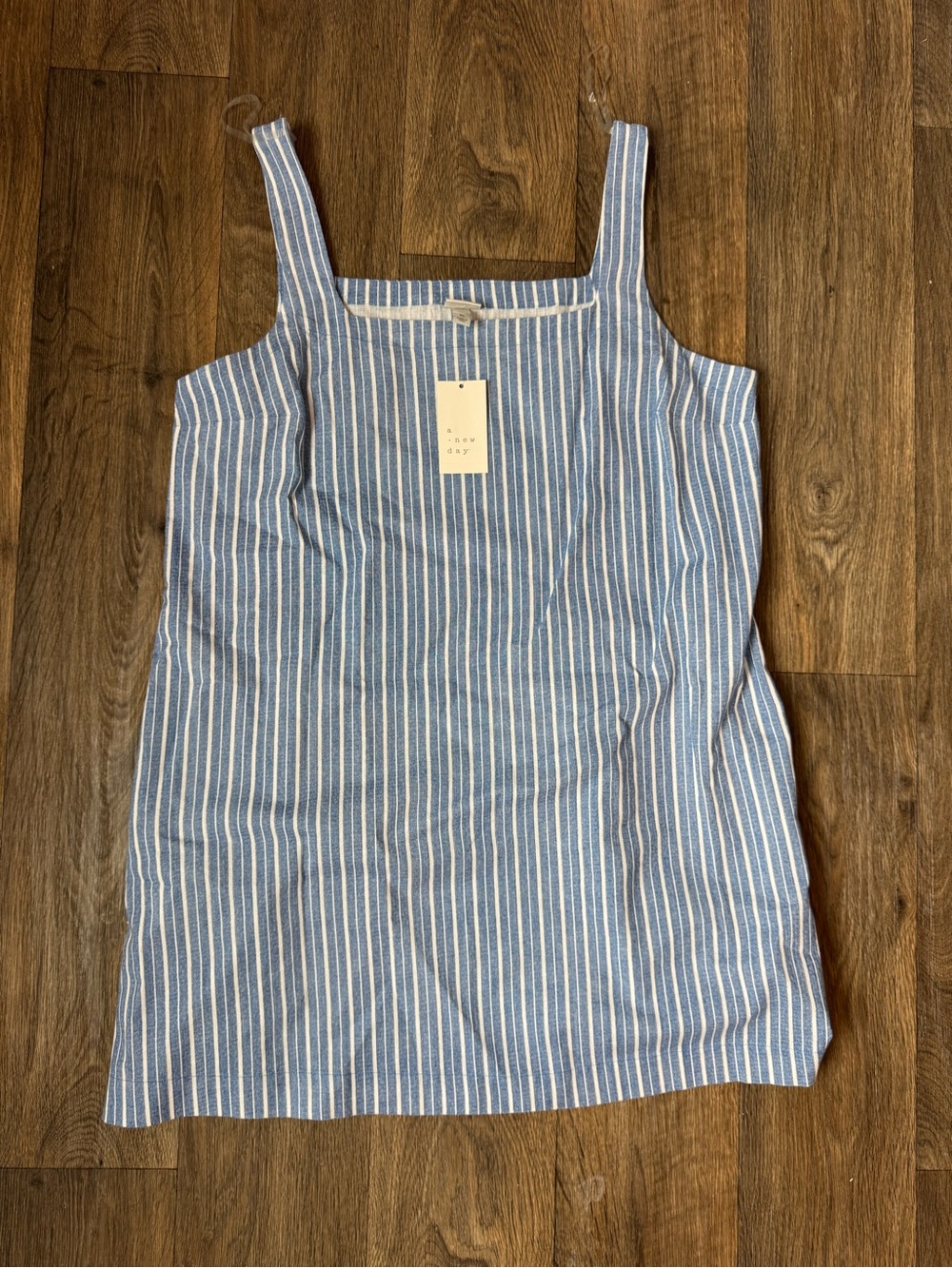 A New Day Blue/White Striped Square Neck Cotton/Linen Pockets Sleeveless L